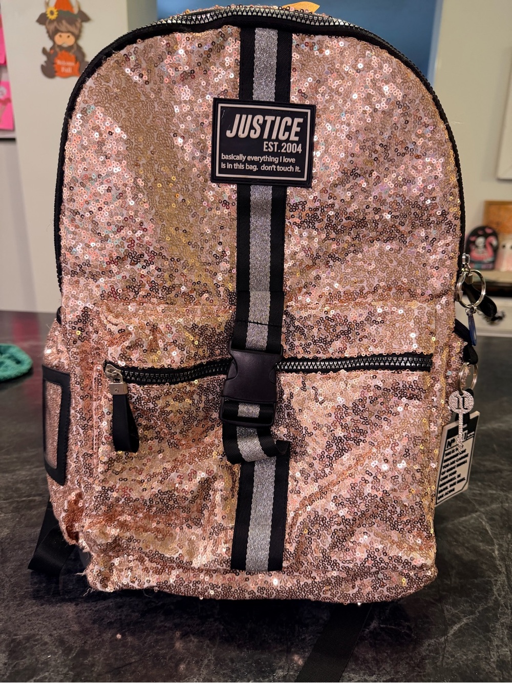 Justice Rose Gold Sequin Backpack with Black Trim